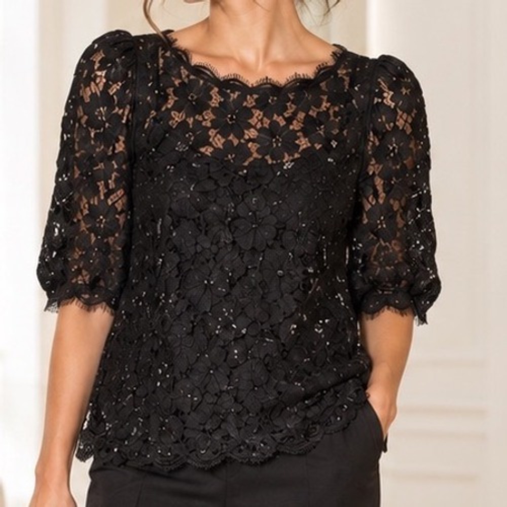 Joie Black Floral Lace Blouse Womens XS Puff Sleeve Sheer whimsigoth Top